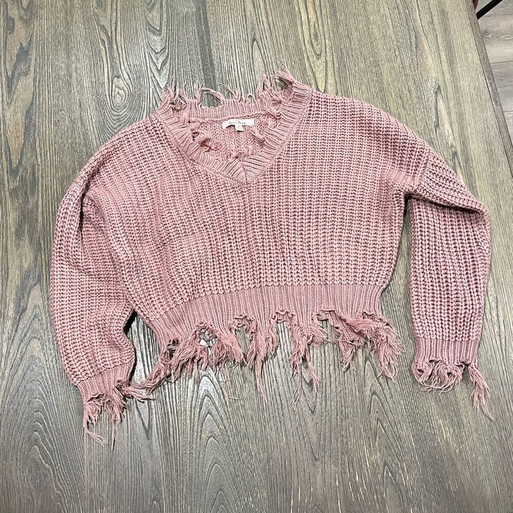 Love Tree Cropped Sweater Knitted Frayed Edge V-Neck Long Sleeves Pink Size S